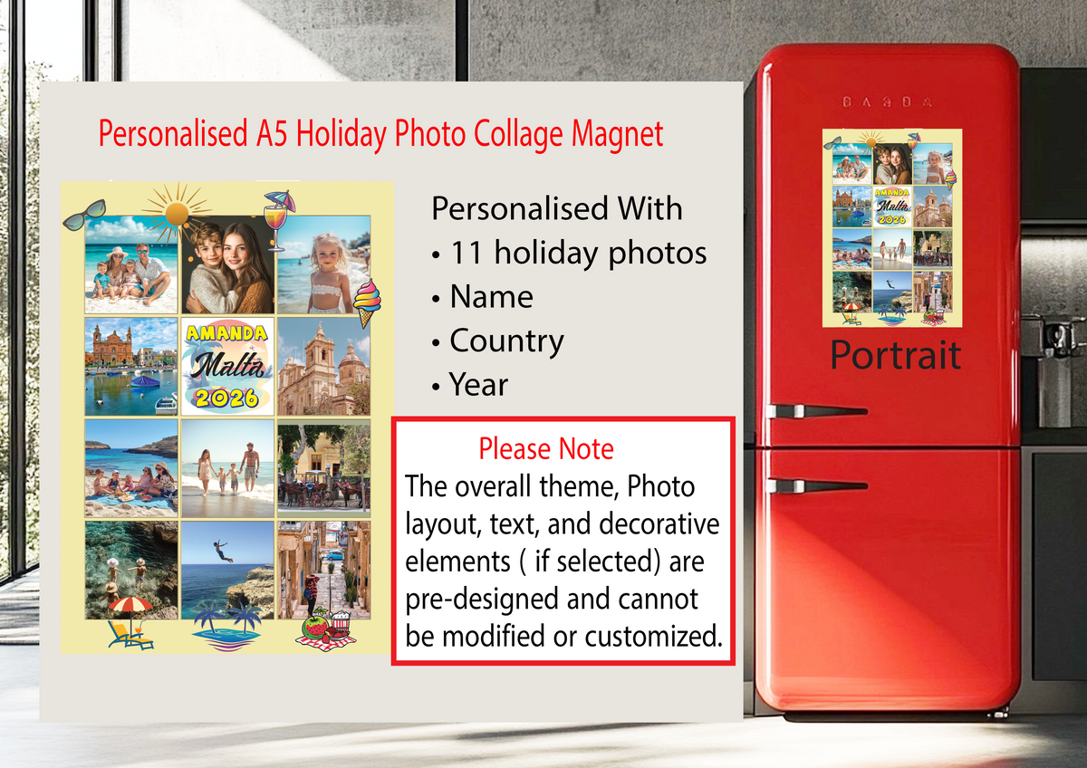 Personalised A5 Holiday Photo Collage Magnet | 11 Photos | Custom Name, Country & Year | Free UK Delivery