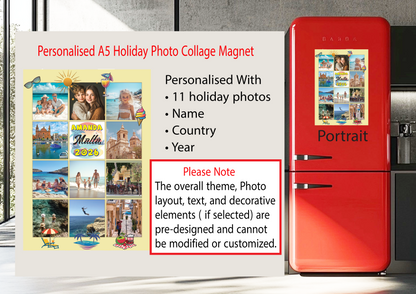 Personalised A5 Holiday Photo Collage Magnet | 11 Photos | Custom Name, Country & Year | Free UK Delivery