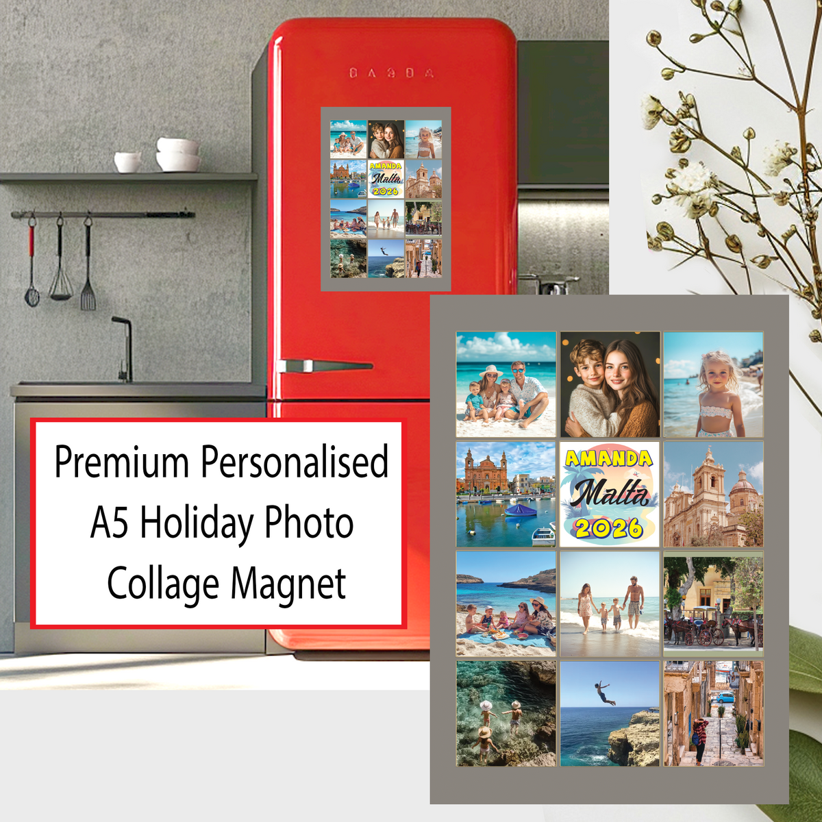 Personalised A5 Holiday Photo Collage Magnet | 11 Photos | Custom Name, Country & Year | Free UK Delivery