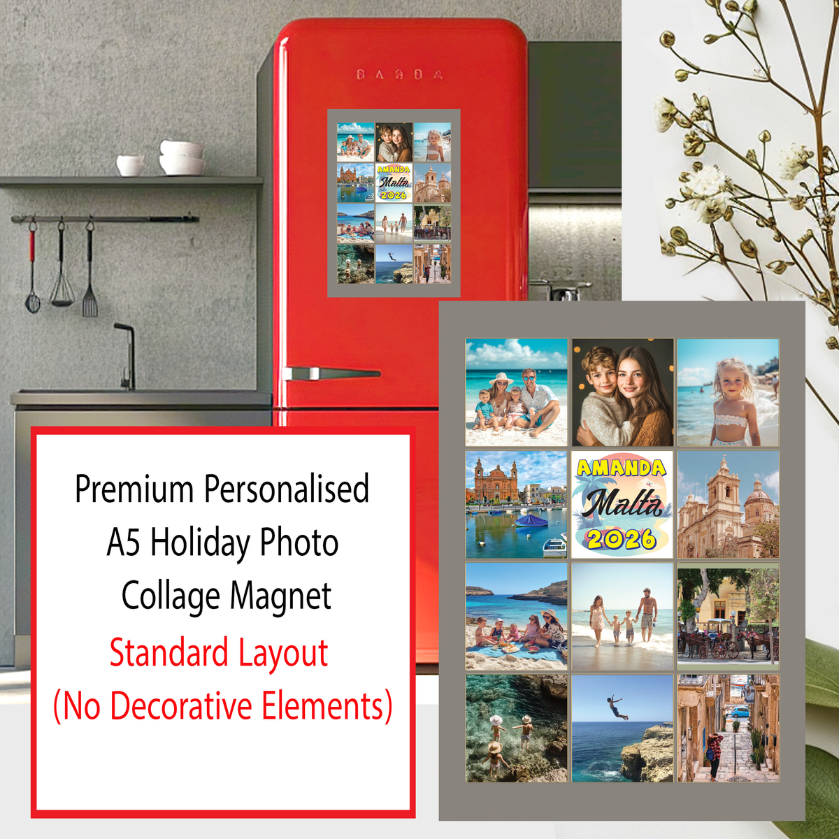Personalised A5 Holiday Photo Collage Magnet | 11 Photos | Custom Name, Country & Year | Free UK Delivery