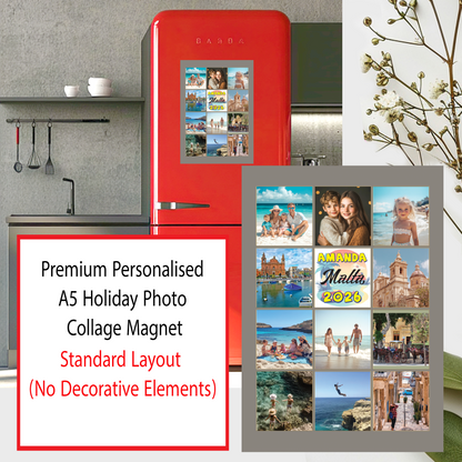 Personalised A5 Holiday Photo Collage Magnet | 11 Photos | Custom Name, Country & Year | Free UK Delivery