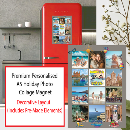 Personalised A5 Holiday Photo Collage Magnet | 11 Photos | Custom Name, Country & Year | Free UK Delivery