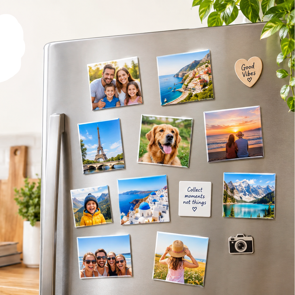 Photo magnets collection banner with a fridge collage