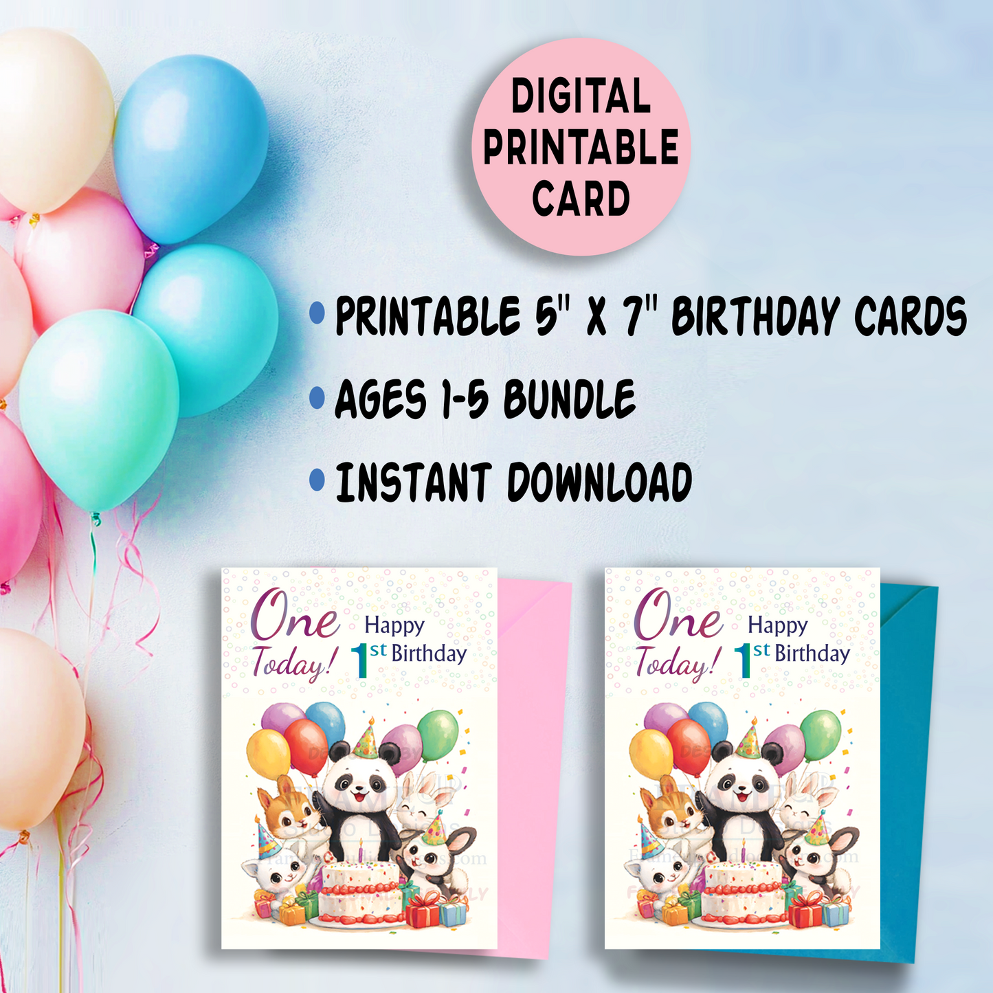Printable Birthday Cards Bundle – Ages 1–5 (5x7 inch) Digital Download