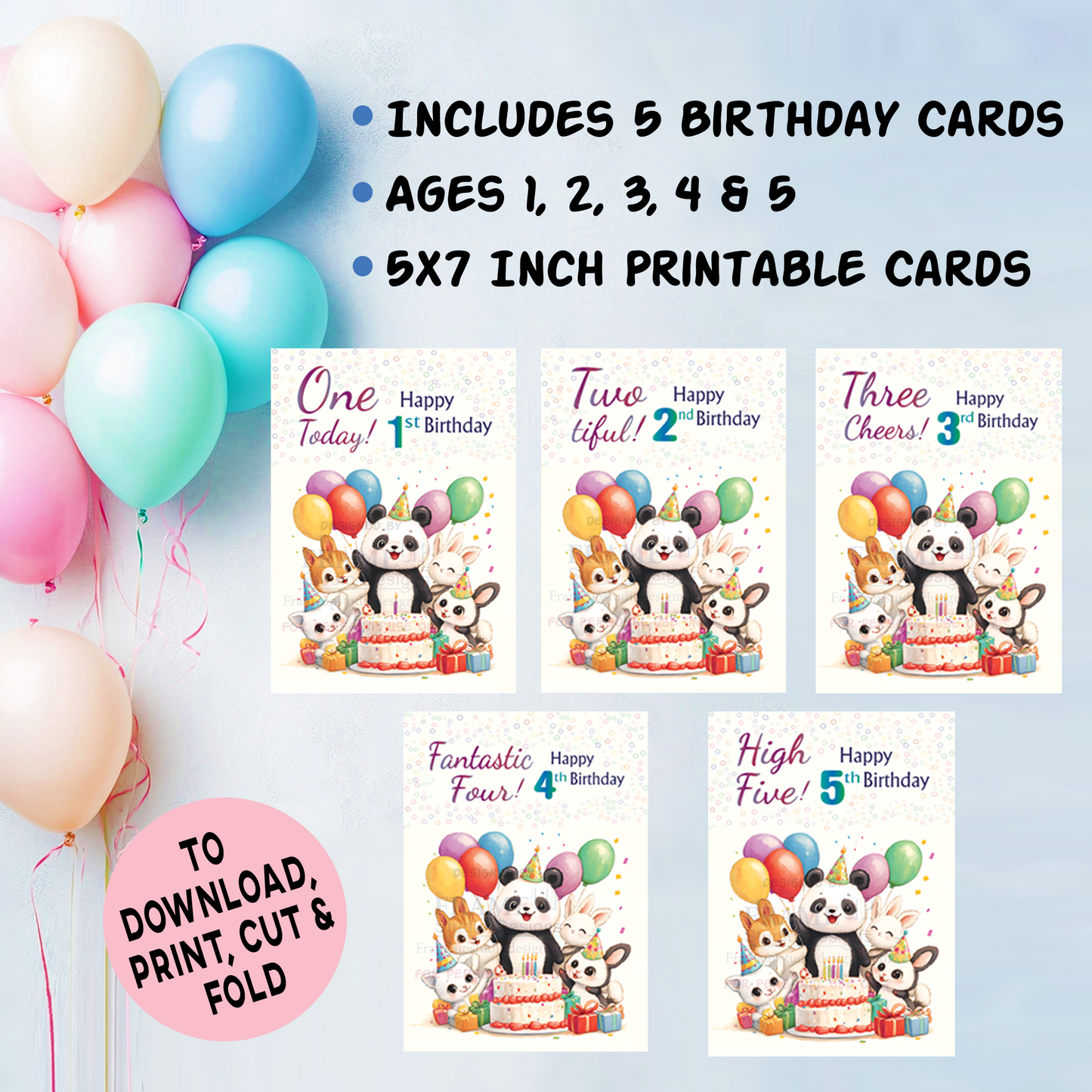 Printable Birthday Cards Bundle – Ages 1–5 (5x7 inch) Digital Download