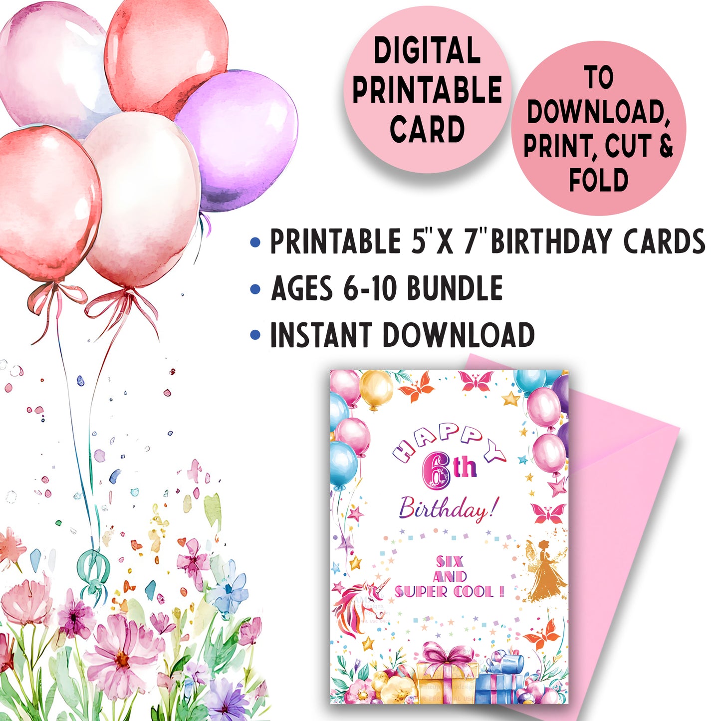 Printable Birthday Cards Bundle  for Girls – Ages 6–10 | 5×7 Digital Download