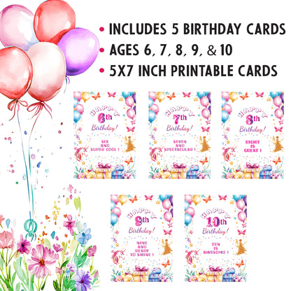 Printable Birthday Cards Bundle  for Girls – Ages 6–10 | 5×7 Digital Download