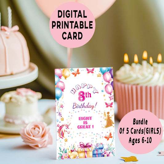 Printable Birthday Cards Bundle  for Girls – Ages 6–10 | 5×7 Digital Download