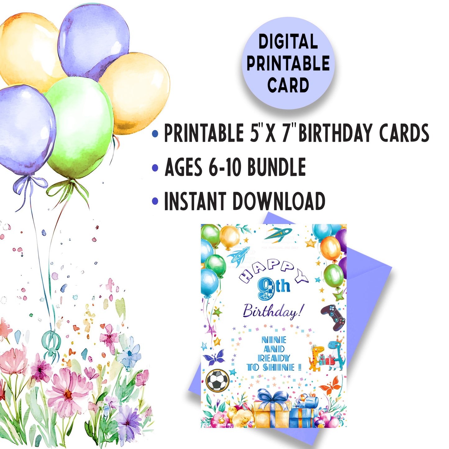 Printable Birthday Cards Bundle for Boys – Ages 6–10 | 5×7 Digital Download