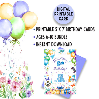 Printable Birthday Cards Bundle for Boys – Ages 6–10 | 5×7 Digital Download