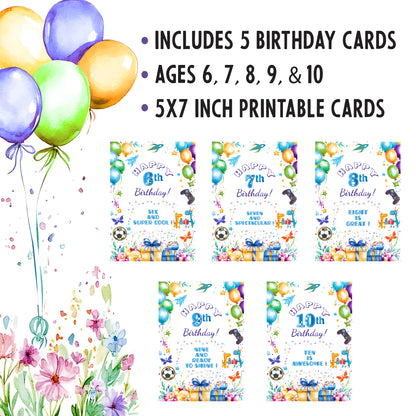 Printable Birthday Cards Bundle for Boys – Ages 6–10 | 5×7 Digital Download