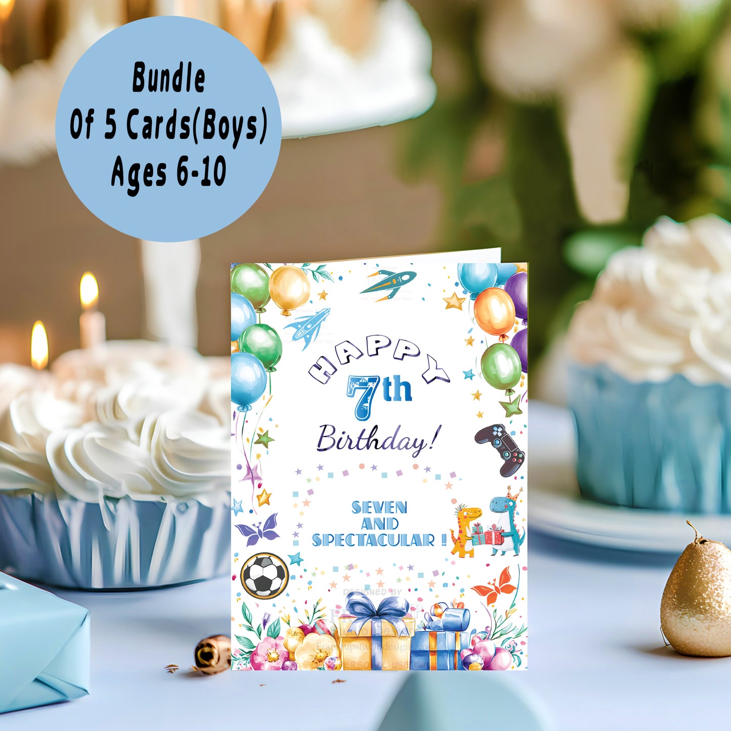 Printable Birthday Cards Bundle for Boys – Ages 6–10 | 5×7 Digital Download