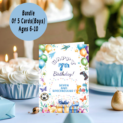 Printable Birthday Cards Bundle for Boys – Ages 6–10 | 5×7 Digital Download